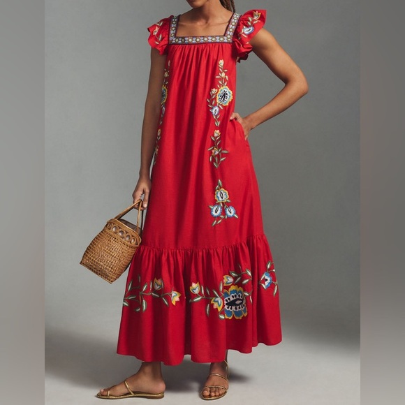 FARM Rio Dresses & Skirts - Farm Rio for Anthropologie Embroidered Square-Neck Maxi Dress Size S